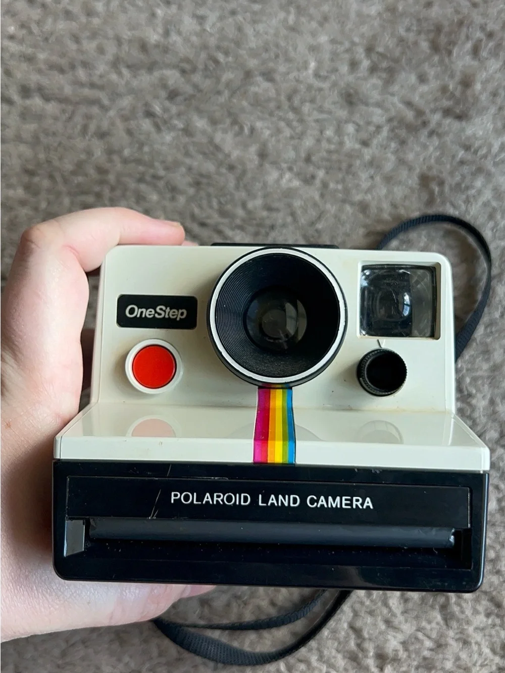 Polaroid One Step Land Camera White Instant with Red Button and Rainbow Stripe